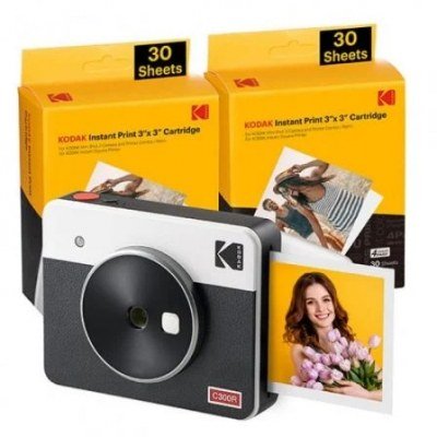 Kodak Mini Shot 3 Retro Pack de Camara Digital Instantanea Bluetooth + 60 Hojas de Papel Fotografico 7.62x7.62cm - Pantalla LCD 1.7 - Flash Integrado - Espejo para Selfies - Color Blanco/Negro
