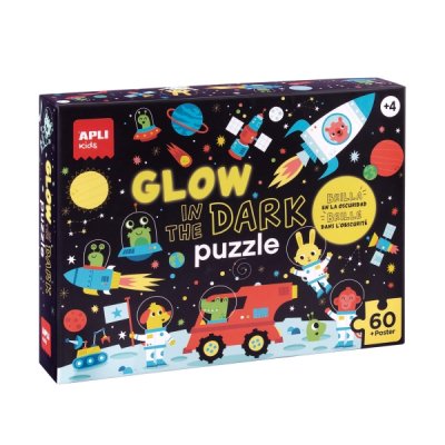 Apli Glow in the Dark Puzzle Fluorescente de 60 Piezas 6x6cm - Tematica Espacio - Efecto Fluorescente que Revela Diseños Ocultos - Poster para Facilitar Montaje - Recomendado para Niños a partir de 4