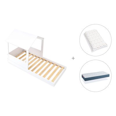 Cama-casita Montessori 90x190 cm + colchón + textil Taiga · Bianca Tre