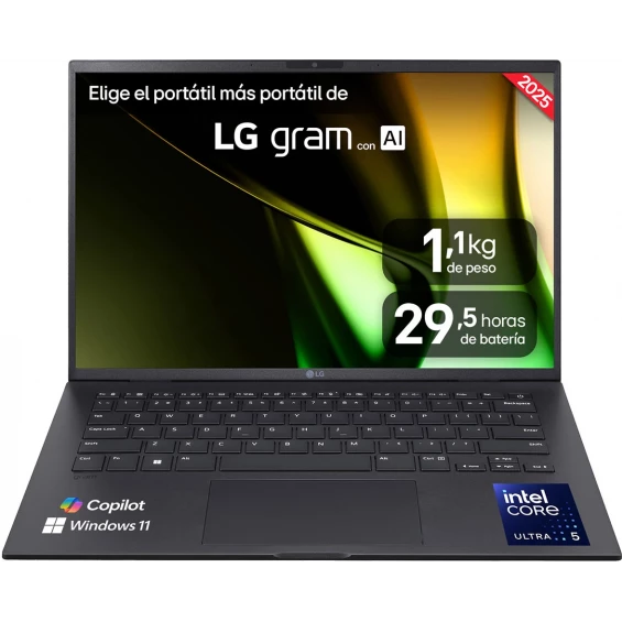 Portátil LG gram 14Z90S-V.AP75B, Intel Core Ultra 7 155H, 16 GB RAM, 512 GB SSD, Intel Arc, 14 pulgadas, WUXGA, Windows 11 Pro, negro obsidiana