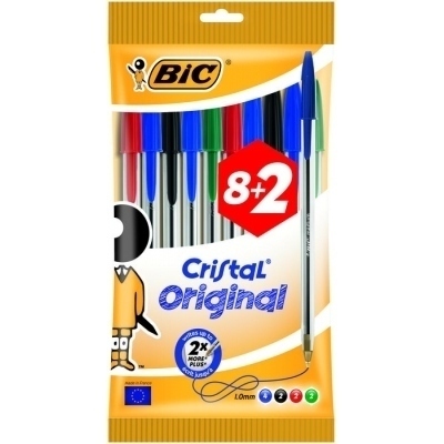 Bic Cristal Original Pack de 10 Boligrafos de Bola - Punta Redonda de 1.0mm - Trazo 0.4mm - Tinta con Base de Aceite - Colores Surtidos