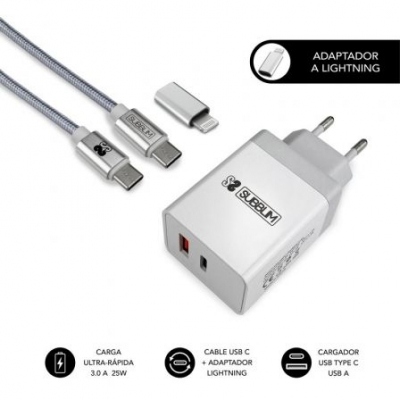 Cargador de Pared Subblim SUBCHG-3WPD10/ 1xUSB Tipo-C/ 1xUSB/ Cable USB Tipo-C + Adaptador Lightning/ 25W/ Blanco