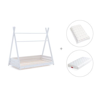 Cama cabaña Montessori blanca 70x140 cm + colchón + nórdico Taiga · Homy