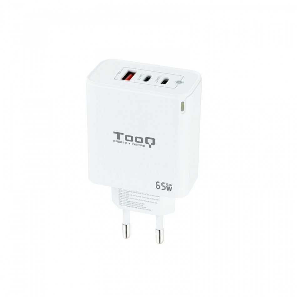 TooQ - Cargador de Pared GaN 2USB-C/PD + USB-A/QC 65W