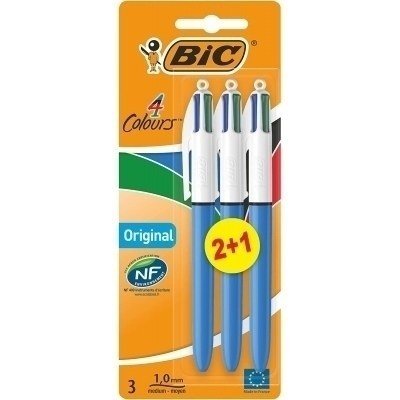 Bic 4 Colours Original Pack de 3 Boligrafos de Bola Retractil - Punta Media de 1.0mm - Tinta con Base de Aceite - Cuerpo Azul/Blanco - 4 Colores