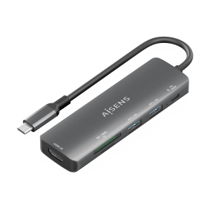 AISENS - USB-C DOCK 6 EN 1, USB-C A 1xHDMI, 2xUSB-A, 1xUSB-C PD 100W, 1xSD, 1xMICRO SD, GRIS, 15CM