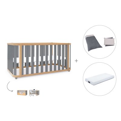 Cuna-cama madera/gris 70x140 cm (3en1) + colchón + textil Stone Grey · Crea Plus Due Antracita
