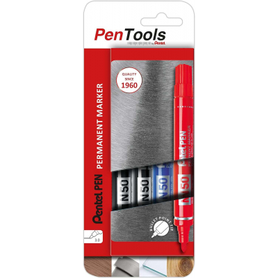 Pentel PenTools Pack de 4 Rotuladores Permanentes Industriales Pentel Pen N50 - Punta Conica Resistente y Duradera - Trazo 2mm - Resistente a Agua y Luz - Colores 2x Negro, Azul, y Rojo