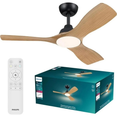 Ventilador de Techo Philips Olas Fan - LED 6500K | Aspas Fijas | 30W+24W | Mando a Distancia | Negro y Madera