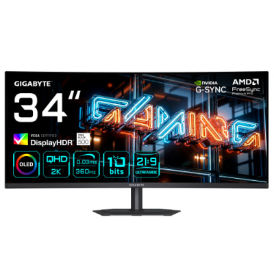 GIGABYTE MO34WQC36 Monitor Gaming Curvo 34” WQHD - 3440 x 1440, 360Hz, 0.03ms, KVM, 300 cd/m², FreeSync Premium Pro, DisplayHDR True Black 500, HDMI 2.1, DisplayPort 2.1