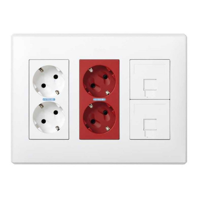 Caja con 2 schukos blancos + 2 schukos rojos + 2 rj45 500 cima superficie o empotrar blanca