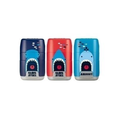 Milan Compact Shark Attack Expositor de 16 Afilaborras - Uso Estandar y Maxi - Cuchilla de Acero - Goma de Borrar - Cuchilla de Seguridad - Colores Surtidos