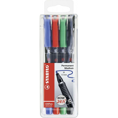 Stabilo OHPen Pack de 4 Rotuladores Permanentes - Punta Media - Trazo de 1mm - Agarre Antideslizante - Tapon Ventilado - Colores Surtidos