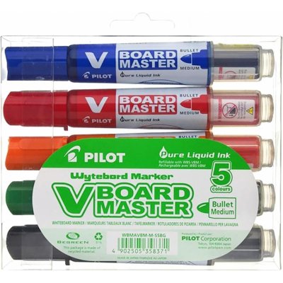 Pilot V-Board Master Begreen Pack de 5 Rotuladores para Pizarra Blanca - Punta Redonda 6mm - Trazo 2.3mm - 91% Plastico Reciclado - Recargable - Colores Surtidos