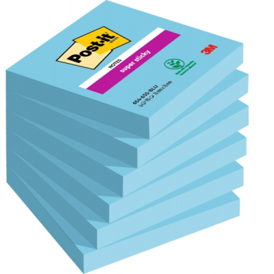 Post-It Super Sticky Pack de 6 Blocs de 90 Notas Adhesivas Reposicionables - Forma Cuadrada - 76x76mm - Color Azul