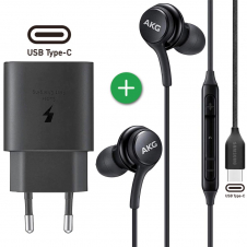 Cargador Usb-c 25w+ Auricular Akg Usb-c Samsung Pack Negro