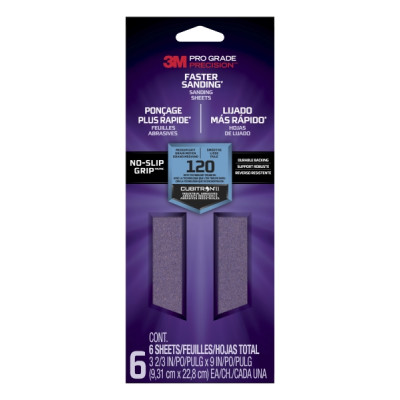 3M Pro Grade Precision Faster Pack de 6 Hojas de Lijado - Grano 120 Mediano - 9.31x22.8cm - Rendimiento Superior - Reduccion de Fatiga - Color Morado