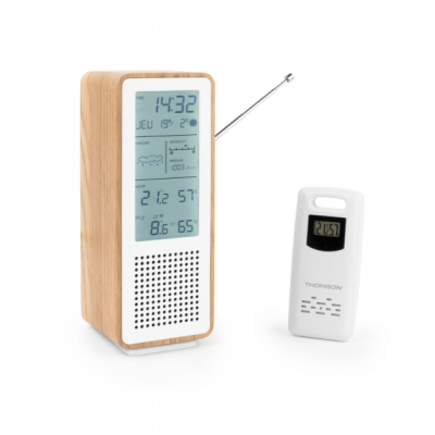 Thomson Altavoz Bluetooth con Estacion Meteorologica y Radio FM - Potencia Musical 15W - Pantalla Retroiluminada - Sonda Exterior Inalambrica - Color Madera y Blanco
