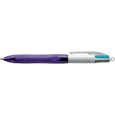 Bic 4 Colours Grip Fashion Boligrafo Retractil con Grip - Punta Media de 1mm - Trazo de 0.4mm - Tinta con Base de Aceite - Cuerpo Blanco/Morado Transparente - Colores Tinta Violeta, Rosa, Azul y Verde