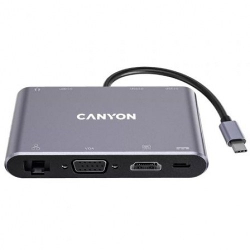 Docking USB Tipo-C Canyon CNS-TDS14/ 1 VGA/ 1 HDMI/ 3 USB/ 1 RJ45/ 1 Audio/ 1 USB Tipo-C/ Gris Oscuro