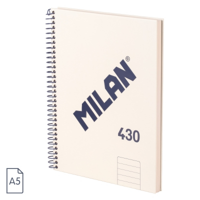Milan 430 Since 1918 Cuaderno A5 con Espiral - Papel a Lineas de 7mm - 80 Hojas de 95g - Tapa Dura - Color Beige