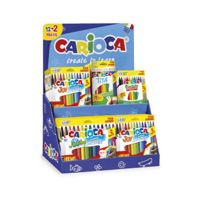 Carioca Expositor 12+2 Incluye 18 Joy Bolsa Papel 12+2, 6 Jumbo Bolsa Papel 12+2, 12 Tita Box 12+2 y 12 Plastello Bolsa Papel 12+2