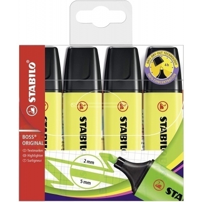 Stabilo Boss 70 Pack de 4 Marcadores Fluorescentes - Trazo entre 2 y 5mm - Recargable - Tinta con Base de Agua - Color Amarillo Fluorescente