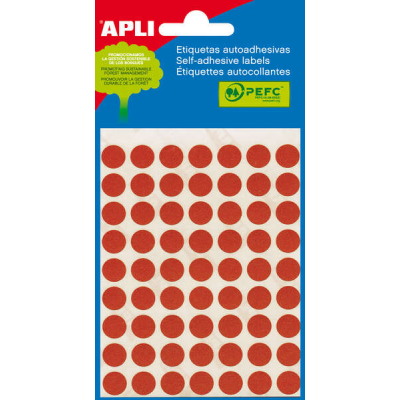 Apli Minibolsa de 315 Etiquetas Redondas Ø 10mm - 5 Hojas por 63 Etiquetas - Adhesivo Permanente - Color Rojo