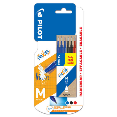 Pilot Pack de 6 Recambios para Frixion Ball y Frixion Clicker - Punta de Bola Redonda 0.7mm - Trazo 0.4mm - Colores: 3x Azul, 2x Negro y 1x Rojo