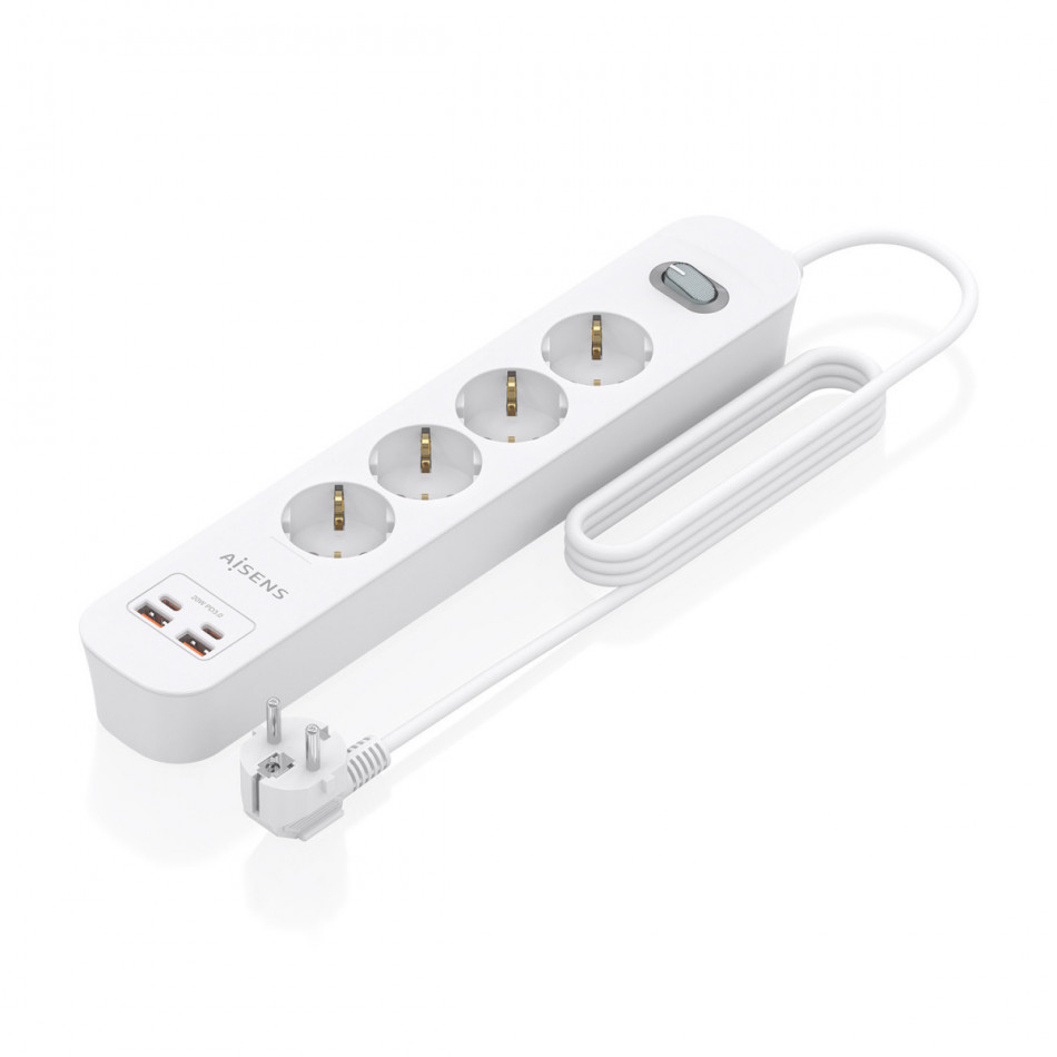 AISENS - REGLETA DE ENCHUFES MULTIFUNCION CON 4 TOMAS + CARGADOR PD3.0 20W 2xUSB-C, 2xUSB-A, 1.4M, BLANCO