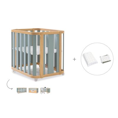 Minicuna-cuna (4en1) madera/verde + textil cuna Natura · Crea Plus Tre Eucalyptus