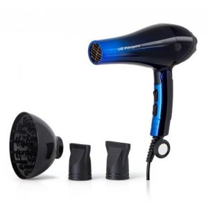 Secador de pelo plegable compacto Orbegozo SE 2085, de viaje, motor AC profesional, 2200W, 2 velocidades, 3 temperaturas, negro y azul