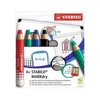 STABILO Paq.4 marcadores pizarra en seco Markdry + sacapuntas + paño limpieza colores surtidos