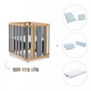 Minicuna-cuna (4en1) madera/gris + colchón + textil Mint · Crea Plus Tre Antracita