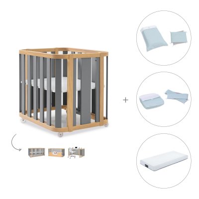 Minicuna-cuna (4en1) madera/gris + colchón + textil Mint · Crea Plus Tre Antracita