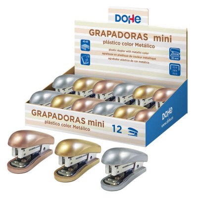 Dohe Expositor de 12 Mini grapadoras de Sobremesa - Materiales Plasticos de Primera Calidad - Capacidad de Grapado hasta 15 Hojas - Admite grapas de 22/6, 24/6 y 26/6