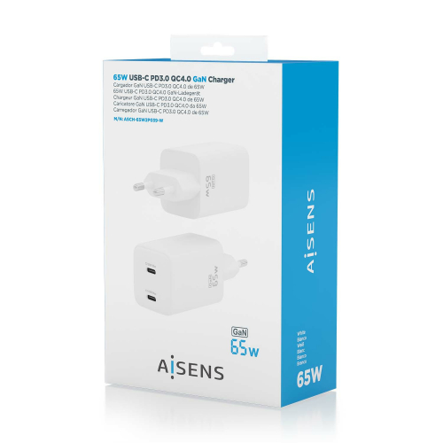 AISENS - CARGADOR GaN 65W, 2xUSB-C PD3.0 QC4.0, BLANCO