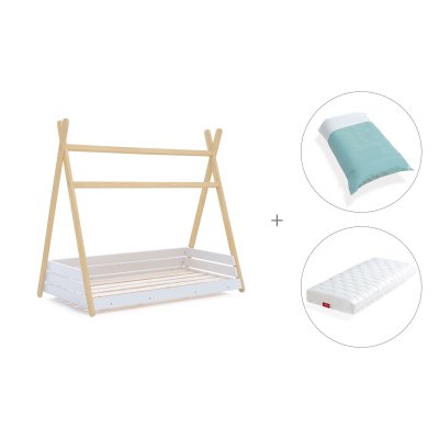 Cama cabaña Montessori madera 70x140 cm + colchón + nórdico Mare · Homy Life