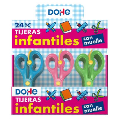 Dohe Expositor de 24 Tijeras Escolares de 136mm - Hojas y Mango Ergonomico de Plastico - Puntas Redondeadas - Muelle para Facilitar el Corte - Colores Surtidos