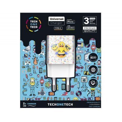 Cargador de Pared Tech One Tech Emojitech Smile TEC2502/ 2xUSB/ 2.4A/ Blanco