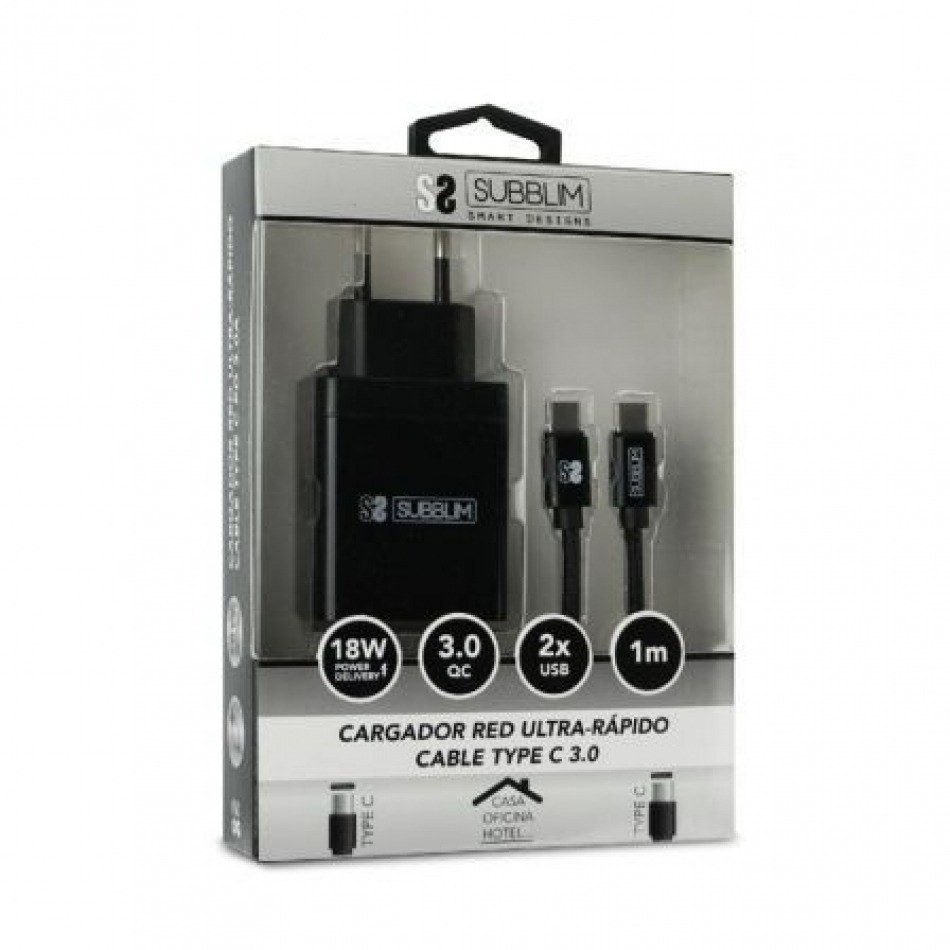 Cargador USB Subblim 18W 2.4A USB + USB-C Black para Coche + Cable USB-C -  SUBCHG-5CPD02