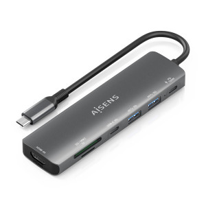 AISENS - USB-C DOCK 7 EN 1, USB-C A 1xHDMI, 2xUSB-A, 1xUSB-C, 1xUSB-C PD 100W, 1xSD, 1xMICRO SD, GRIS, 15CM