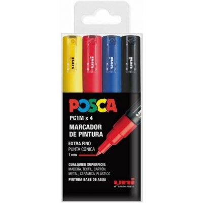 Posca PC1M Pack de 4 Marcadores de Pintura - Punta Conica 0.7mm - Tinta Base al Agua - No Permanente - Resistente a la Luz - Colores Amarillo, Rojo, Azul y Negro