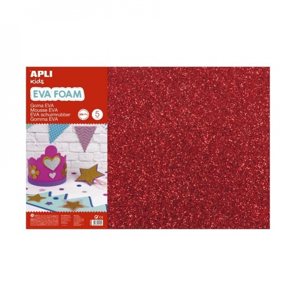 Apli Pack de 3 Goma Eva Purpurina 600 x 400 mm - Grosor 2 mm - Impermeable - Moldeable al Calor - Color Rojo