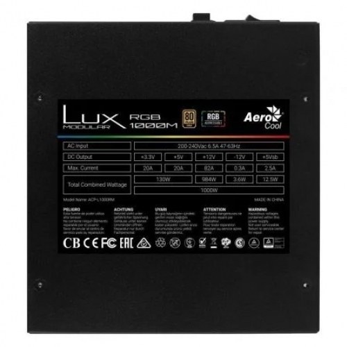 Fuente de Alimentación Aerocool LUX RGB 1000M/ 1000W/ Ventilador 12cm/ 80 Plus Gold