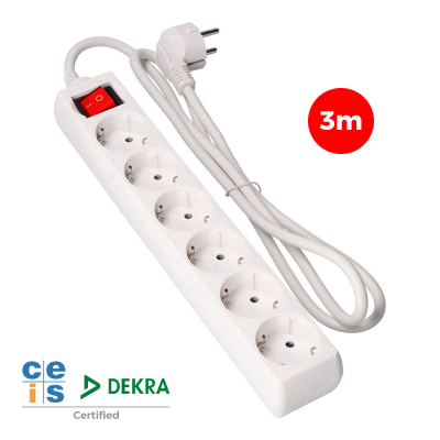 Prolongador con 6 tomas 2p+t, 16 a 250 v de cable h05vv-f 3g + interruptor luminoso 3 m.