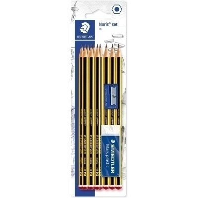 Staedtler Noris 120 Pack de 10 Lapices de Grafito Hexagonales 2HB + 1 Goma de Borrar Plastic 526 50 + 1 Sacapuntas 510 50 - Resistencia a la Rotura - Madera de Bosques Sostenibles