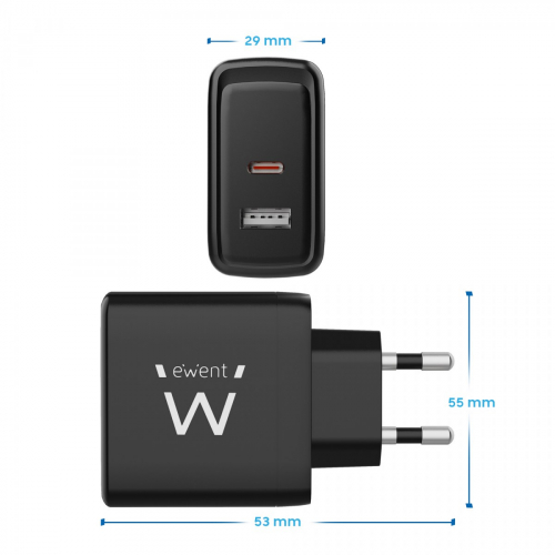 Ewent EW1330 Cargador rápido GaN de 2 puertos (1 USB-C y 1 USB-A) de 65 W para smartphones, tabletas y portátiles