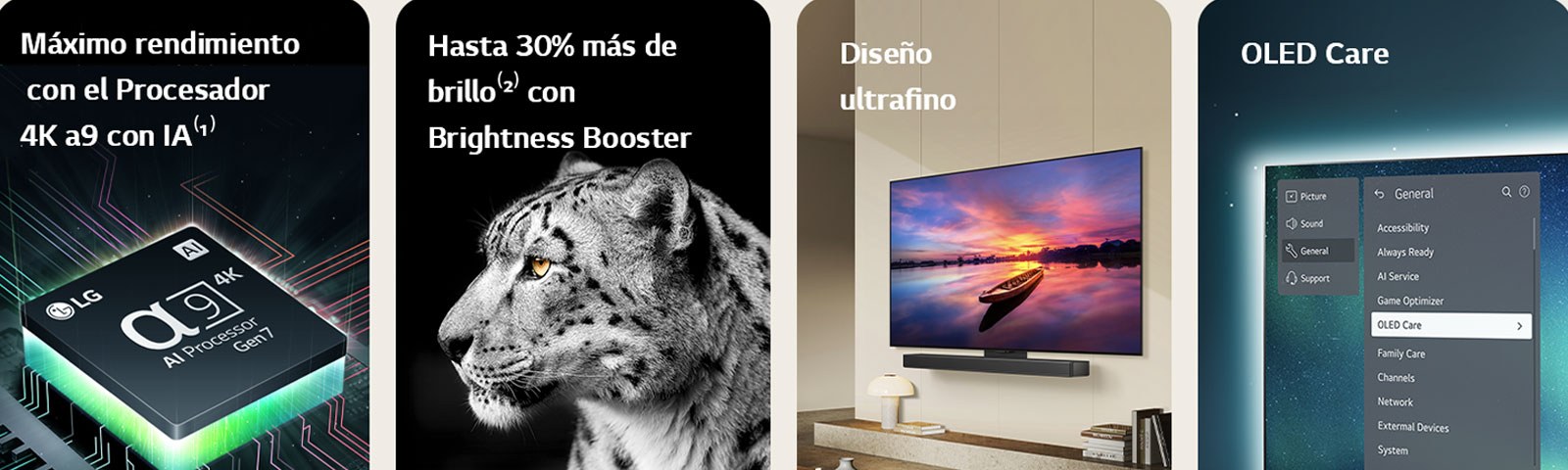 Alpha 9 AI Processor 4K de LG sobre una placa base que emite rayos de luz verdes. Brightness Booster con una imagen lateral de un leopardo blanco. Diseño ultrafino y LG Soundbar montados planos contra la pared en un salón moderno. El televisor OLED con el menú OLED Care se selecciona en el menú de soporte que aparece en la pantalla.