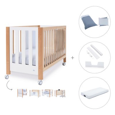 Cuna colecho madera/blanco (5en1) 60x120 cm + colchón + textil Alba Blu · Occa